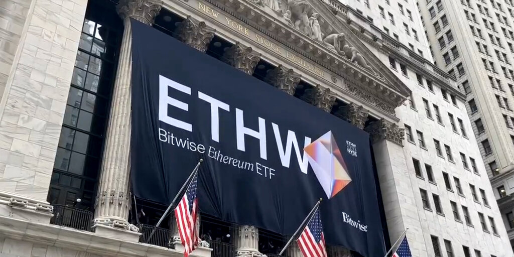 Bitwise Ethereum ETF Banner Hung on New York Stock Exchange